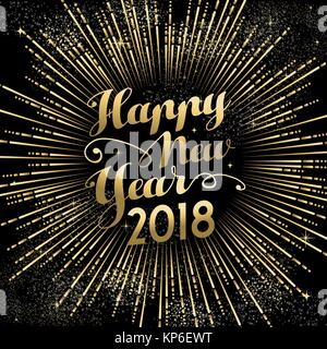 Felice Anno Nuovo 2018 citazione di testo biglietto di auguri con oro fuochi d' artificio esplosione nel cielo notturno. EPS10 vettore. Illustrazione Vettoriale