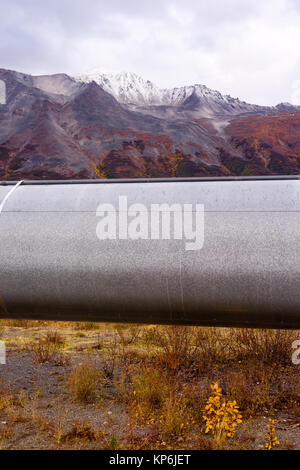 Il trasporto di petrolio Alaska Pipeline attraverso tagli aspro paesaggio di montagna Foto Stock