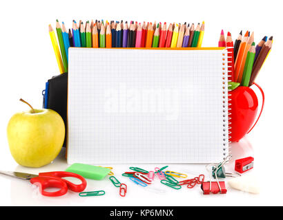 Notebook con la scuola oggetti fissi Foto Stock