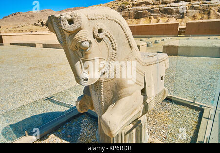 I piccoli semi-protome di cavallo ai piedi di Rocky Mount Rahmet nell antica Persepolis, Iran. Foto Stock