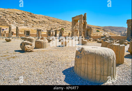 Persepoli era il cerimoniale di capitale dell impero persiano, oggi è il sito archeologico con i resti ben conservati di antico splendore, Iran. Foto Stock