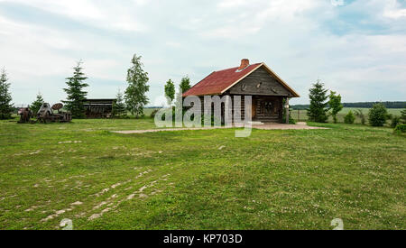 Legno casa di villaggio con un tetto rosso sul prato in un giorno nuvoloso Foto Stock
