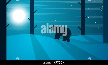 Cartoon bear illustrazione. Paesaggio invernale. Albero, sun, rana. Illustrazione Vettoriale