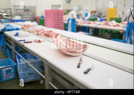 La carne di maiale tagliata a parte e preparati in un impianto per la trasformazione di carni. Foto Stock