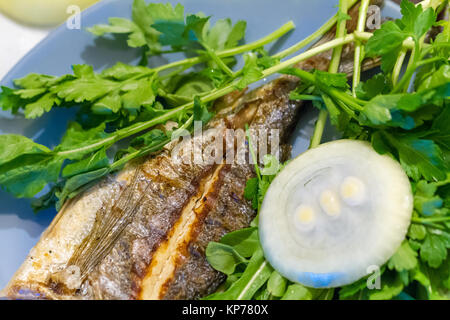 Vista dettagliata di pesce alla griglia e servita con verdure verdi e cipolla. Foto Stock