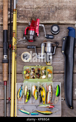 La pesca affronta per viaggio su tavole di legno Foto Stock