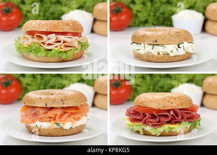 Collage di ciambelle di pane per la colazione con salame, prosciutto, salmone e formaggio fresco Foto Stock