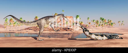 Megalosauro e Titanoboa si attaccano l'un l'altro Foto Stock