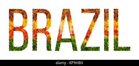 Parola brasile paese è scritto con foglie su un isolato bianco sfondo, un banner per la stampa, un creative di un paese in via di sviluppo di foglie colorate in Brasile Foto Stock