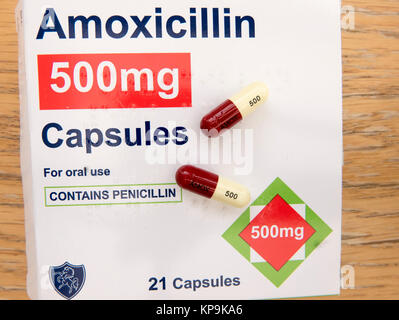 Color-coded capsule di anti-stress biotici medicina Amoxicillin 500mg e confezione in Regno Unito Foto Stock