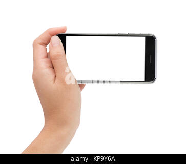 Femmina lato tenendo il telefono nella schermata bianca con tracciato di ritaglio all'interno Foto Stock