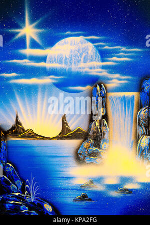 Exoplanet con cascata e la luna nel cielo. Foto Stock