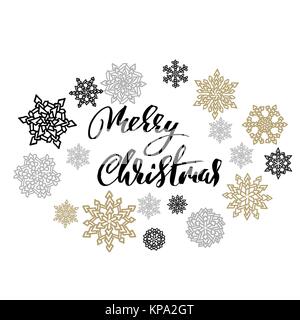 Buon Natale su oro e argento fiocchi di neve sullo sfondo. Holiday moderno pennello asciutto lettering inchiostro per biglietto di auguri. Illustrazione Vettoriale. Illustrazione Vettoriale