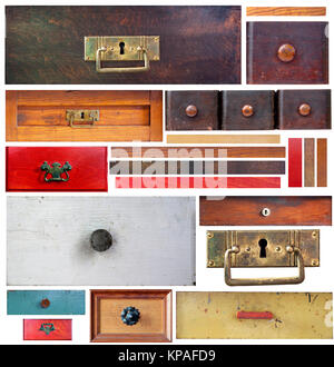 Vecchi cassetti, strisce di legno e stemmi su sfondo bianco Foto Stock