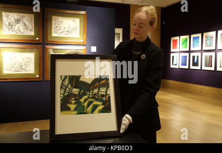 Londra, Regno Unito. 15 Dic, 2017. Photocall per stampe Bonhams e multipli ha avuto luogo a New Bond Street, Londra. I vantaggi includono: il sole sul tetto, un raro linocut da Cyril Power, è uno dei leader di lotti a stampe Bonhams e multipli di vendita il 18 dicembre presso il nuovo Bond Street saleroom. La stampa è stimato a £ 25,000-30,000.Credit: Keith Larby/Alamy Live News Foto Stock