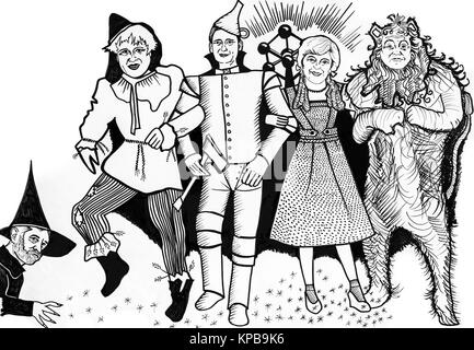 Vignetta satirica di Theresa Maggio e i leader politici in veste di caratteri nel Wizard Of Oz durante i negoziati Brexit in Brussles. Foto Stock