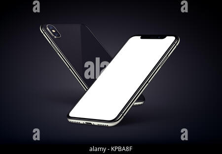 Simile a iPhone X gli smartphone in prospettiva mockup il lato posteriore e il lato anteriore con schermo bianco su sfondo scuro. Foto Stock