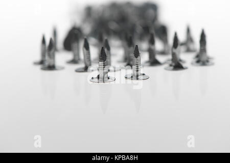 Un mucchio di feltro chiodi con i punti che mostra su uno sfondo bianco possibile concetto di utilizzo. Foto Stock