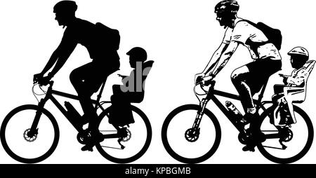 Padre a cavallo di un bimbo in bicicletta baby seat silhouette e sketch - vettore Illustrazione Vettoriale