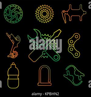 Parti della bici, accessori, di riparazione e di manutenzione di linea vettore icona impostare Illustrazione Vettoriale