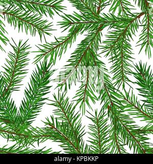 Realistico verde abete rami seamless pattern su sfondo bianco. Natale e Anno nuovo simbolo. Illustrazione Vettoriale