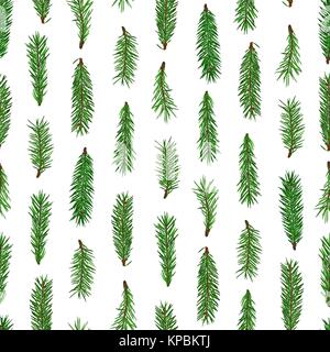 Realistico verde abete rami seamless pattern su sfondo bianco. Natale e Anno nuovo simbolo. Illustrazione Vettoriale