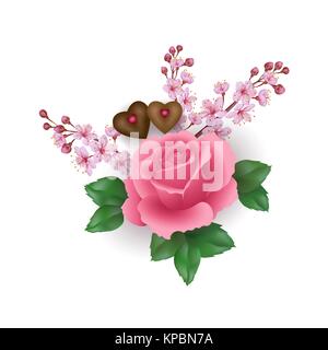 Realistico il giorno di San Valentino set rosa rosa fiore di cioccolato. Luce ciliegia Sakura primavera sbocciano i fiori forma di cuore candy regalo romantico data presente l'amore. 3d illustrazione vettoriale Illustrazione Vettoriale