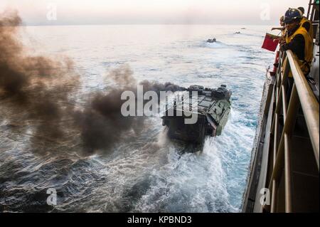 Un assalto anfibio veicolo si discosta dall'ben coperta dell'U.S. La Marina di San Antonio-classe di trasporto anfibio dock nave USS Anchorage durante l'esercizio Alba Blitz 27 ottobre 2017 nell'Oceano Pacifico. Foto Stock