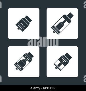 Vector scuro solido monocromatico illustrazioni varie rebuildable antigoccia e serbatoio vape polverizzatori tipi RDA RDTA RTA RBA isolato su sfondo scuro Illustrazione Vettoriale