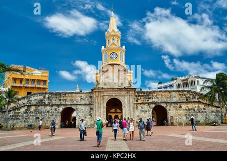 Bloccare la Torre La Torre del Reloj e Plaza de la Paz, Cartagena de Indias, Colombia, Sud America Foto Stock