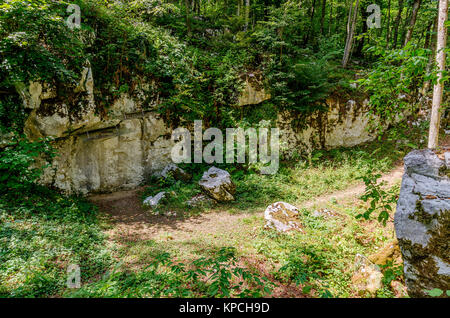 Mithraic temple (Mitreo II secolo) situato nel bosco di castagni sopra Rozanec, Bela Krajina (bianco Carniola) regione, la Slovenia, l'Europa. Foto Stock