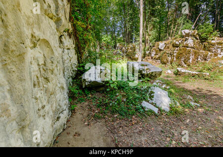 Mithraic temple (Mitreo II secolo) situato nel bosco di castagni sopra Rozanec, Bela Krajina (bianco Carniola) regione, la Slovenia, l'Europa. Foto Stock