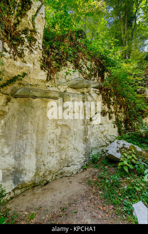 Mithraic temple (Mitreo II secolo) situato nel bosco di castagni sopra Rozanec, Bela Krajina (bianco Carniola) regione, la Slovenia, l'Europa. Foto Stock