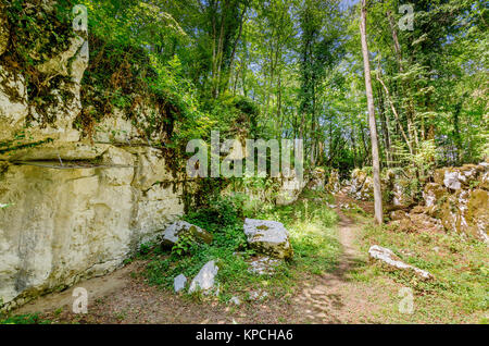 Mithraic temple (Mitreo II secolo) situato nel bosco di castagni sopra Rozanec, Bela Krajina (bianco Carniola) regione, la Slovenia, l'Europa. Foto Stock