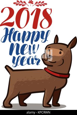 2018 Felice Anno Nuovo. Animale, cane, doggie, pet. Fumetto illustrazione vettoriale Illustrazione Vettoriale