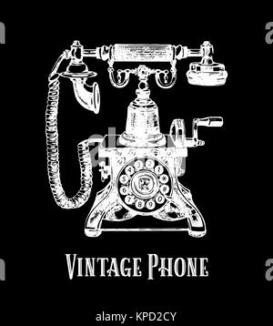 Mano bozzetto vintage telefono. Illustrazione di vettore isolato su sfondo nero. Illustrazione Vettoriale