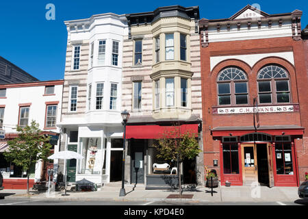 Vetrine lungo Warren Street in Hudson, New York. Foto Stock