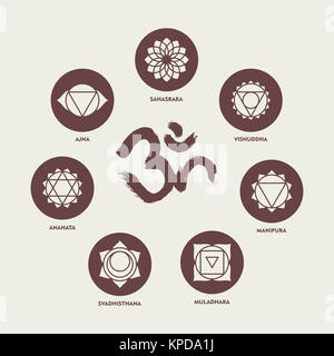 Icona del Chakra del set di elementi e om calligraphy Foto Stock