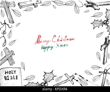 Illustrazione telaio del lato Bozzetto di Croce di legno e la Bibbia isolati su sfondo bianco per celebrare il Natale, che simboleggia la resurrezione di Illustrazione Vettoriale