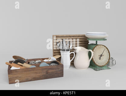 3d utensili per la cucina con tagliere in legno Foto Stock