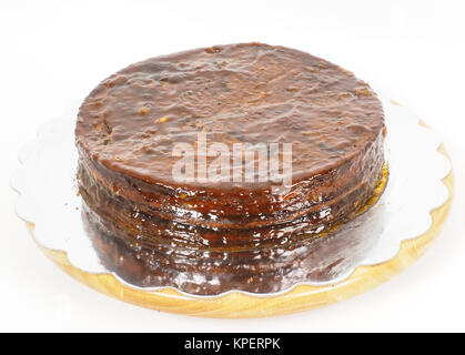 Vetri di albicocche Sacher torte torta al cioccolato su argento piastra dello specchio Foto Stock