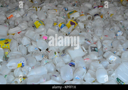 Raccoglitore pieno di usato bianco opaco e bottiglie di plastica per il riciclaggio nel Lago Pleasant, NY USA Foto Stock