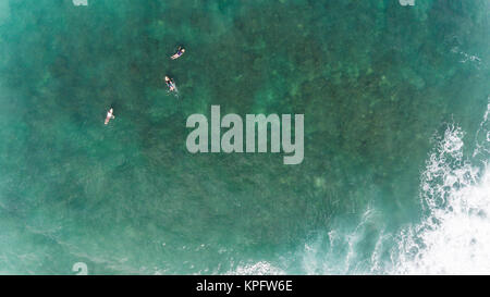 Vista aerea del Surfer nuoto a bordo vicino enorme oceano blu wave Foto Stock