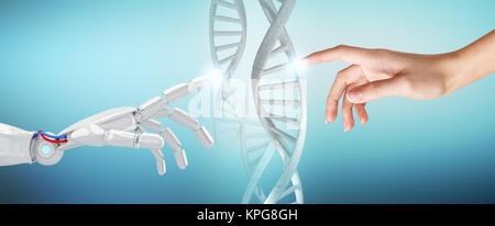 Robotizzato e mano umana tocca la catena di DNA. Foto Stock