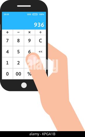 Mano che tiene il telefono con calcolatrice Illustrazione Vettoriale