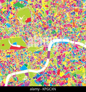 Londra, Regno Unito, colorata mappa vettoriale. Strade bianche, ferrovie e acqua. Colore luminoso punto di riferimento forme. Stampa di arte pattern. Illustrazione Vettoriale