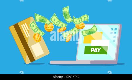 Laptop vettore di pagamento. Di dollari, scheda, allo schermo del laptop. Il pagamento per la vendita di merci e pagare per la fattura. Piatto isolato Cartoon illustrazione Illustrazione Vettoriale
