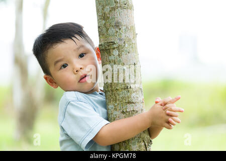 Little baby boy salire per albero Foto Stock