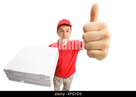 Teenage consegna pizza ragazzo rendendo un pollice in alto gesto isolato su sfondo bianco Foto Stock
