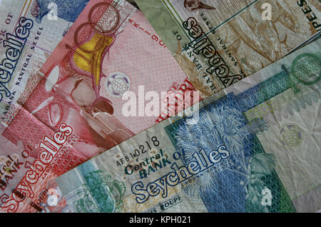 Close-up di una diffusione della banca Seychellois note, Seicelle Foto Stock